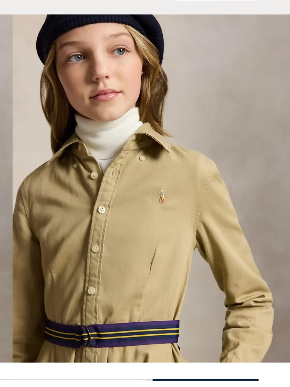 Ralph Lauren Khaki Button-Front Chino Shirt Dress with Navy+Purple & Gold Belt